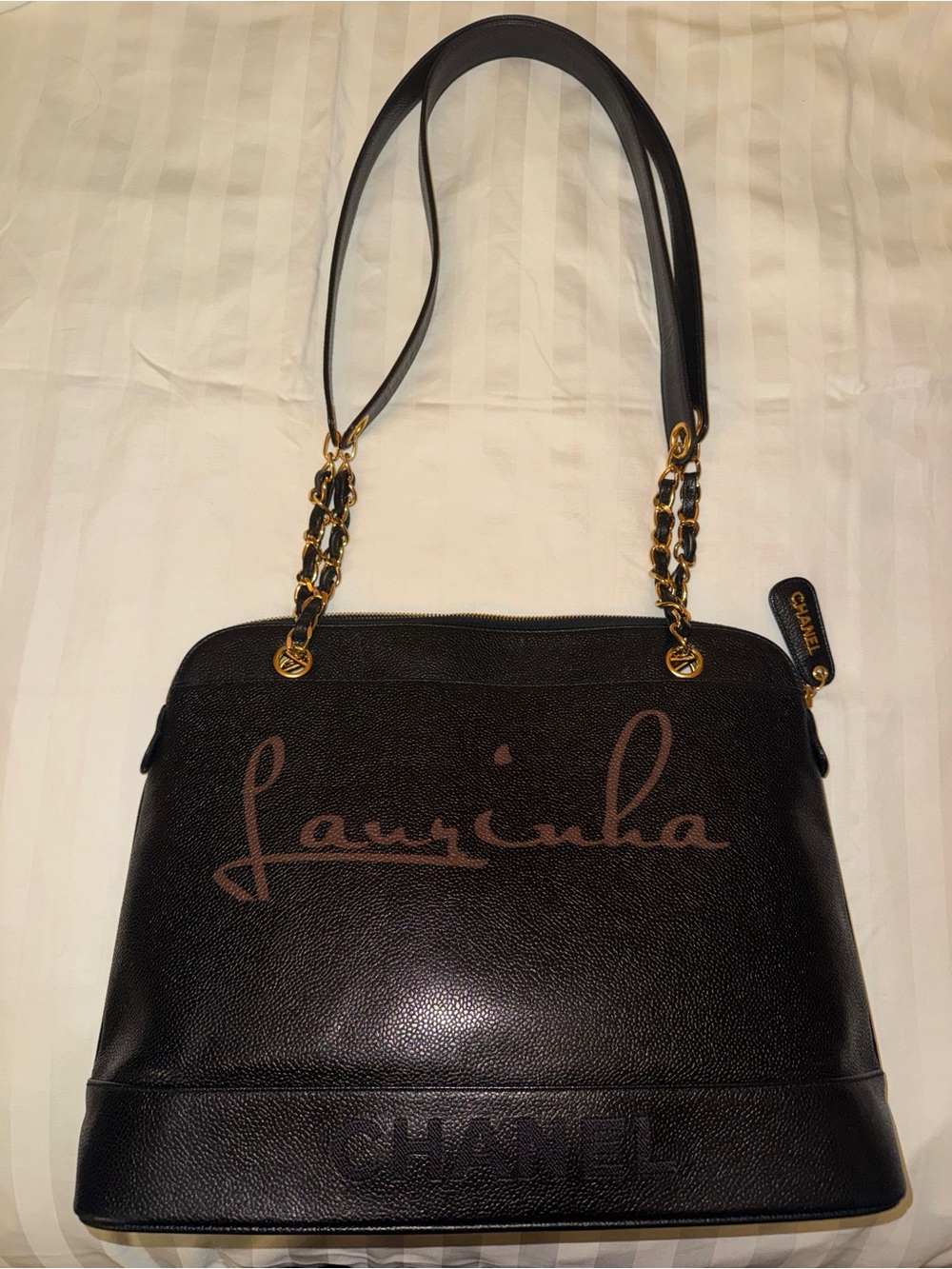 Vintage CHANEL Black Caviar leather shoulder tote Bag with Gold Chain Straps
